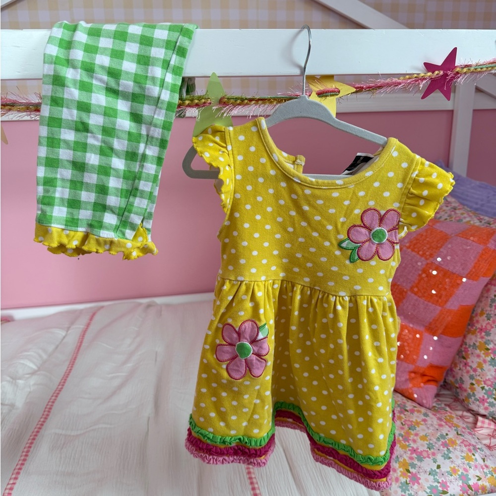 Rare Editions Yellow Dress with Pink Floral and Green Leggings